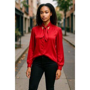 Ann Taylor Womens Top Size S Petite Red Long Sleeve Tie Neck Blouse Elegant Wear